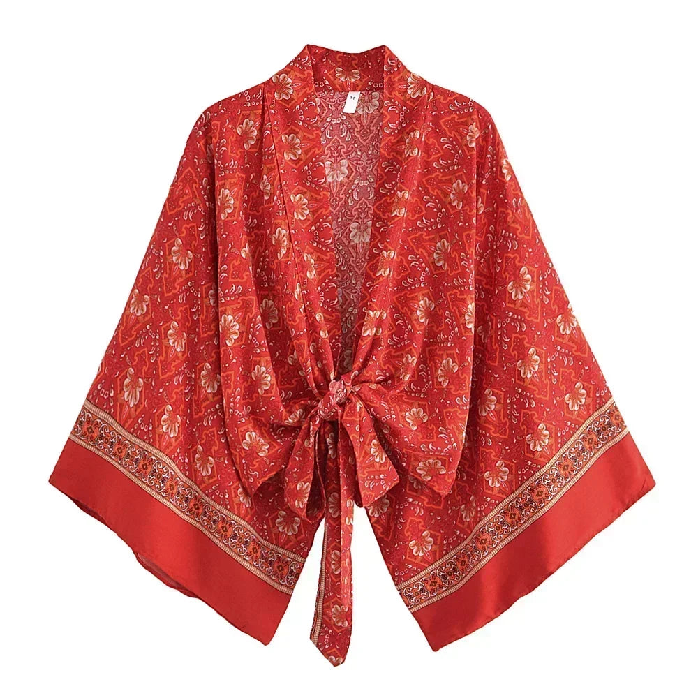 Boho Queens Red Floral Beach Kimono Short Robe Swimsuits Women Fashion Batwing Sleeves Rayon Bohemian Bikini Cover Ups Beachwear - Matrix Studios