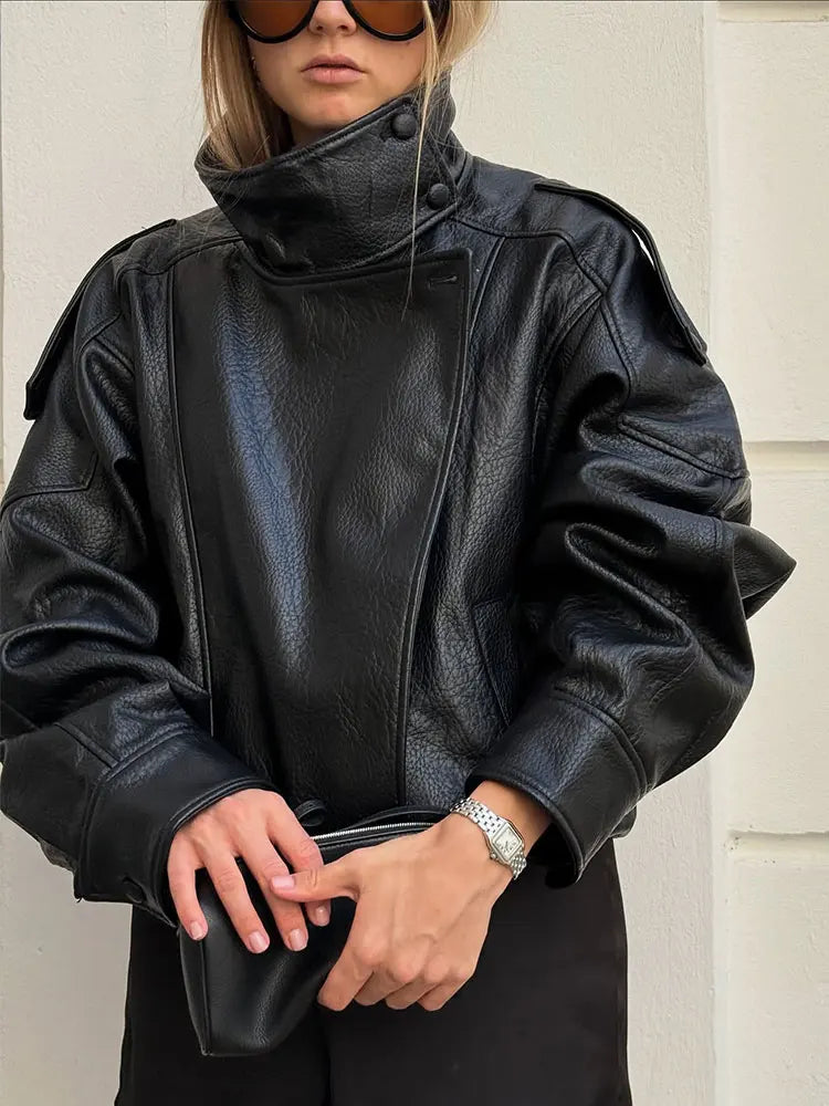 HH Autumn Faux Leather Jacket For Women Casual Solid Long Sleeve Zipper Pu Leather Coats New Fashion Female Streetwear - Matrix Studios