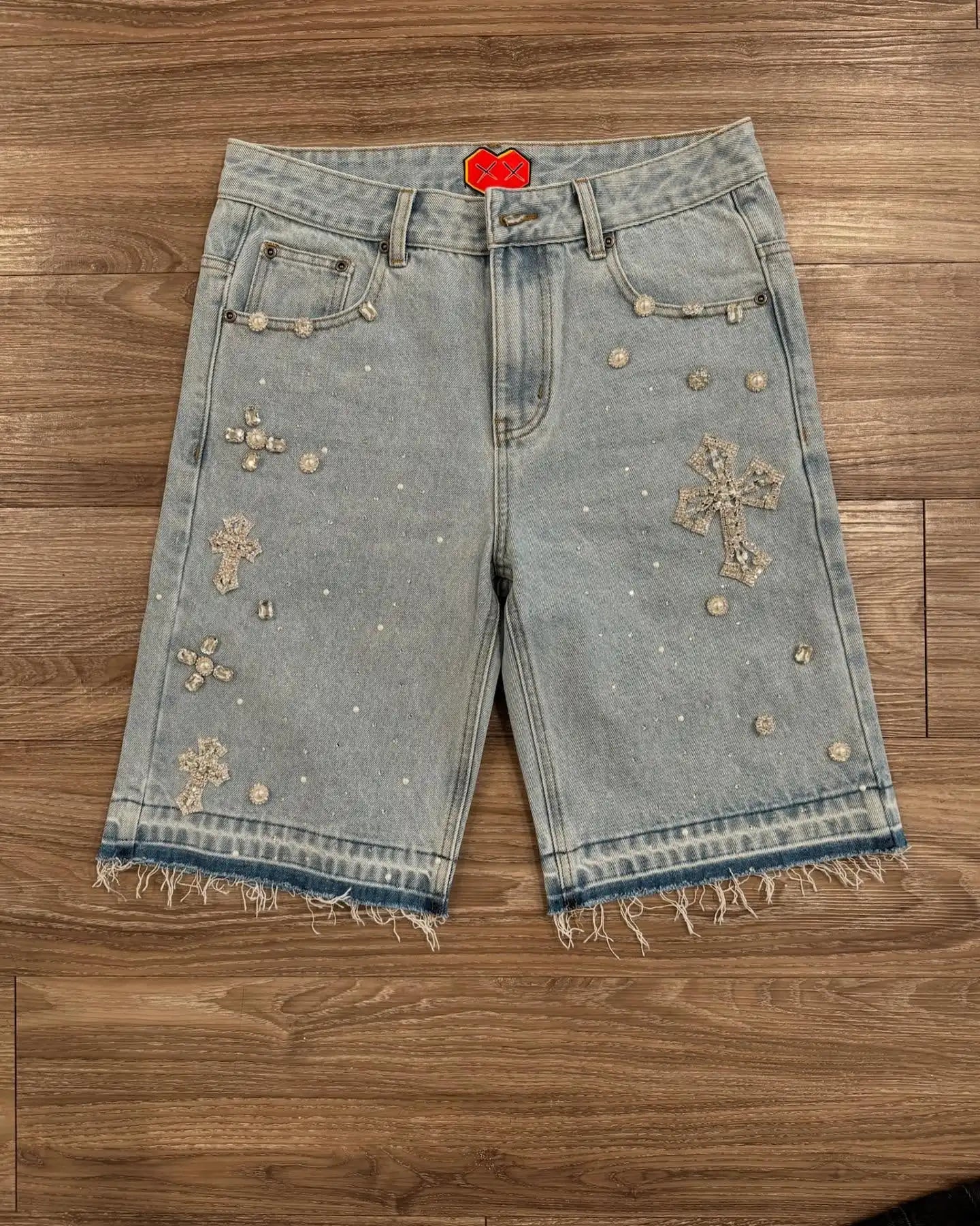 Gothic Rhinestone Cross Embroidery Viral Denim Jorts Y2K Vintage American Trend Gym Shorts Men Women Street Hip Hop Jean Short