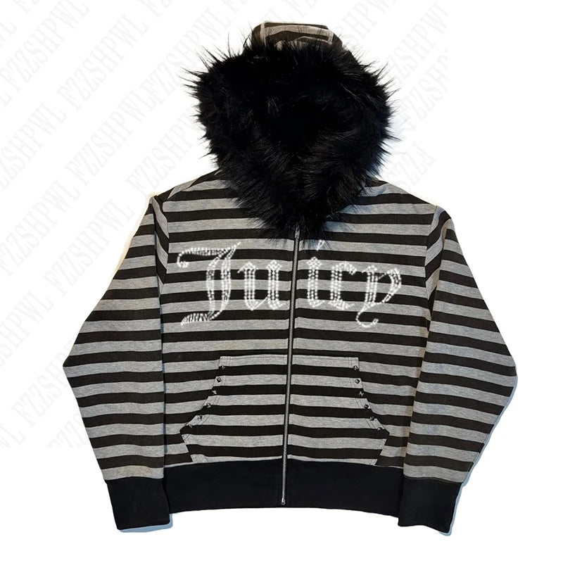 Harajuku y2k Millennial Hottie American retro fur collar piecing hoodie zipper hoodie female fall/winter hip hop zipper jacket - Matrix Studios