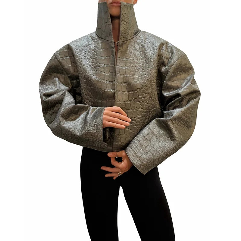 Beige Croc Leather Cropped Jacket Y2k Stand Collar Long Sleeve Wide Cuff Oversize Coat 2026 Autumn Street Daily Casual Outerwear - Matrix Studios