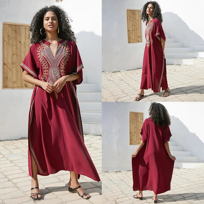 Swimsuit Cover Ups Embroidery V Neck Short Sleeve Swim Cover Up for Women Kaftan Dresses - Matrix Studios