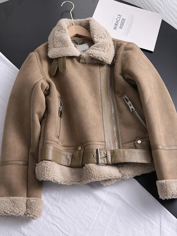 Ailegogo Winter Women Thick Warm Suede Lamb Jacket Short Motorcycle Brown Coats Faux Shearling Sheepskin Leather Jackets Outwear - Matrix Studios