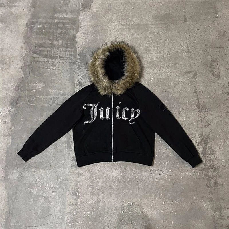 Harajuku y2k Millennial Hottie American retro fur collar piecing hoodie zipper hoodie female fall/winter hip hop zipper jacket - Matrix Studios