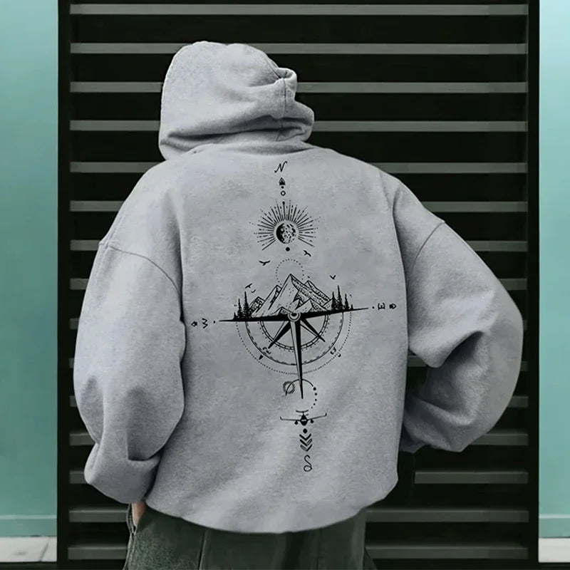 Vintage Compass Print Hoodies for Men High Quality Hooded Long Sleeve Pullover All Season Daily Casual Sports Tops Men's Clothes - Matrix Studios