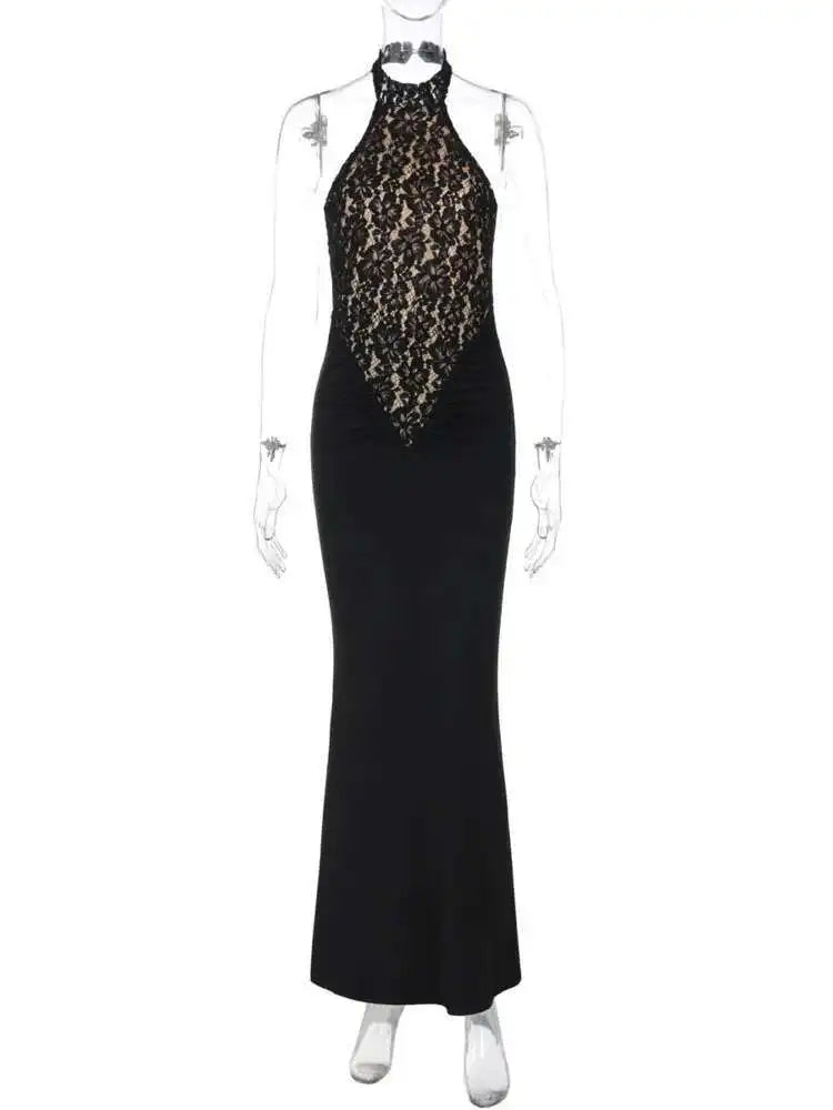 Mozision Lace Halter Backless Sexy Maxi Dress For Women Black Off-shoulder Strapless Sleeveless Bodycon Club Party Long Dress - Matrix-studios.com