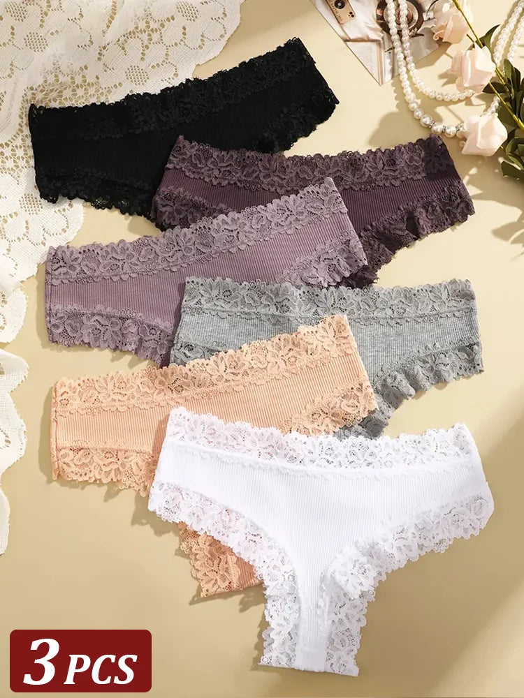 3Pcs/set Women Cotton Lace Panties Floral Intimate Underwear Trendy Patchwork Lace Briefs Female Soft Underpants Lingerie S-XL - Matrix Studios