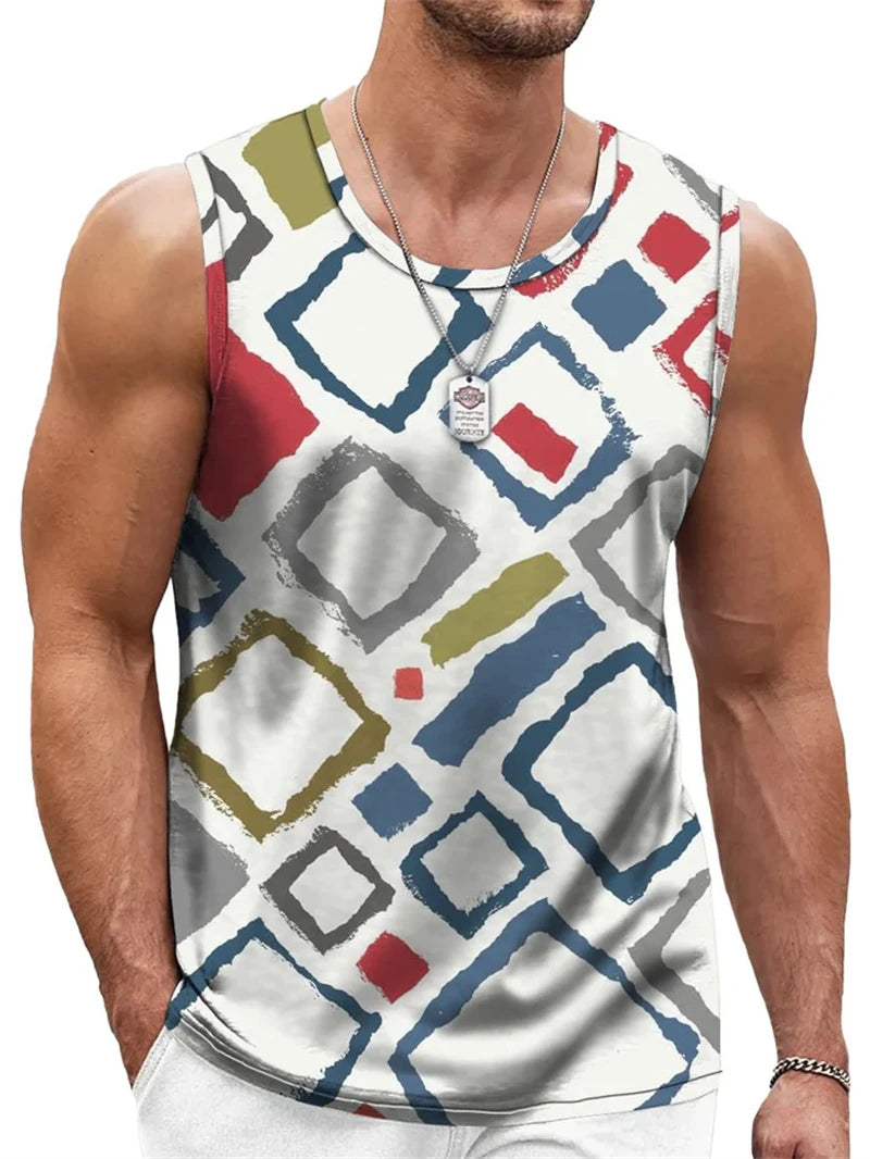Mens Retro Geometric 3D Printed Tank Top Summer Casual Crew Neck Fashion Trend Sleeveless Vest Loose Breathable Sports Tops - Matrix Studios