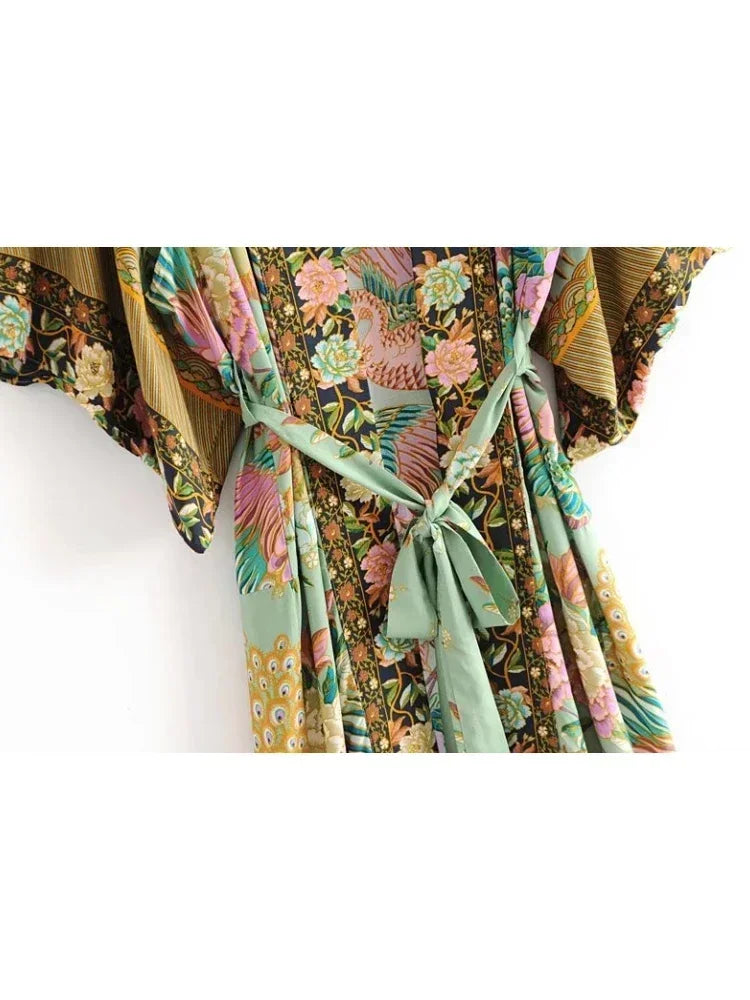 Peacock Floral Print Bat Sleeve Beach Bohemian Kimono Robe for Women Ladies Beachwear Summer Dress Bikini Boho Cover-ups - Matrix Studios