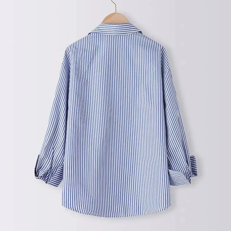 Women Spring Summer Blouses Shirts Lady Fashion Casual Long Sleeve Turn-down Blue Stripes Blusas Tops - Matrix-studios.com