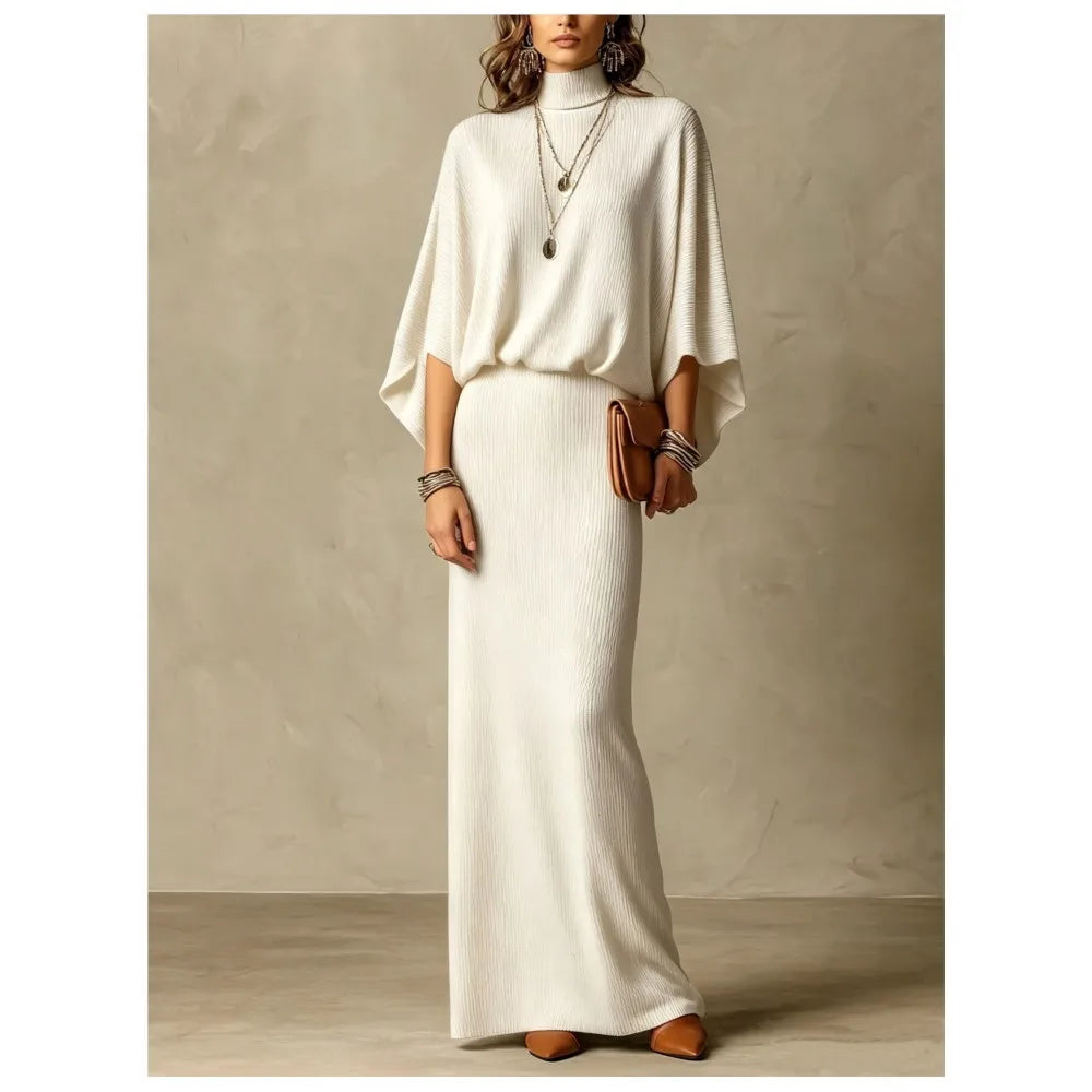 Autumn Winter New Fashion High Collar Bat Sleeve Skirt 2piece Set Women Casual Knitted Pit Strip Elegant Slim Hip Hip Skirt Suit - Matrix-studios.com