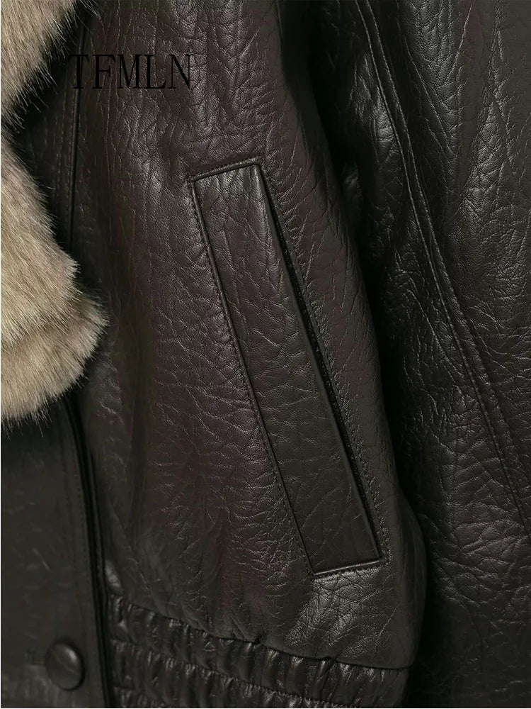 TFMLN 2025 Winter Women Loose Faux Leather Jacket Fashion Removed Big Fur Collar Causal Coat High Street Double Breasted Outwear - Matrix Studios
