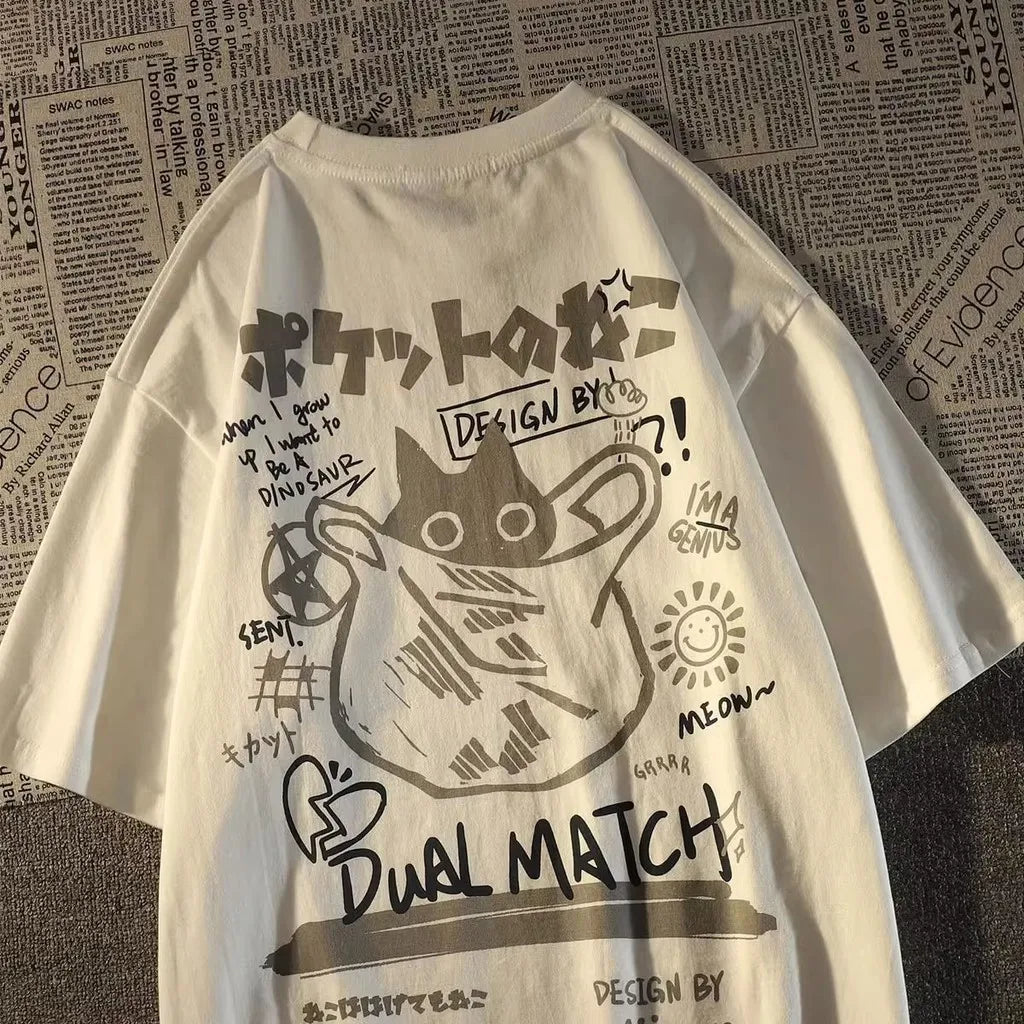 Summer Japanese Retro Pocket Cat Cartoon Printed Short Sleeve T-shirt Male Female Couples Unisex College Style Oversized Top - Matrix-studios.com