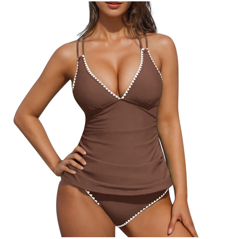Women Tankini Swimsuit Color Block Tummy Control V Neck Push Up Top High Waisted Swim Bottom 2026 Summer Two Piece Bathing Suit - Matrix-studios.com