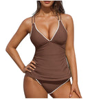 Women Tankini Swimsuit Color Block Tummy Control V Neck Push Up Top High Waisted Swim Bottom 2026 Summer Two Piece Bathing Suit - Matrix-studios.com