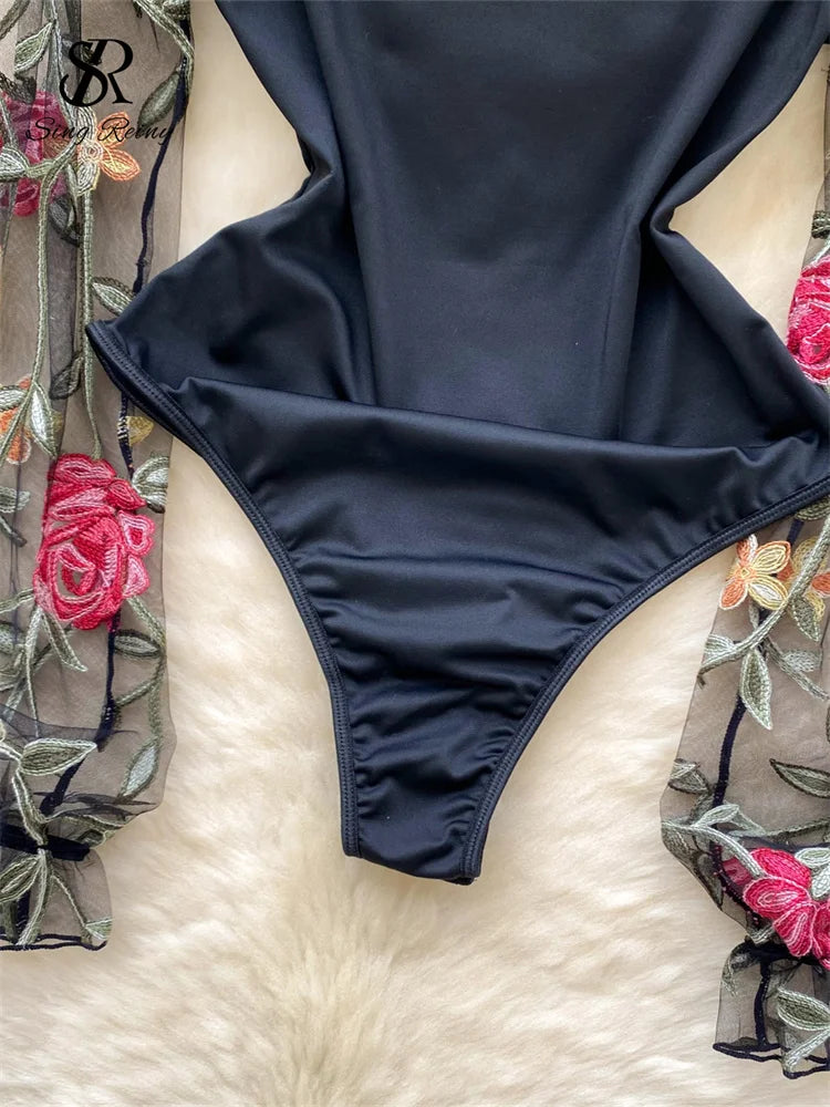 SINGREINY Vintage Embroidery Gauze Sexy Bodysuits Stand Collar Long Sleeve Playsuits Fashion Spliced Women Open crotch Rompers - Matrix Studios