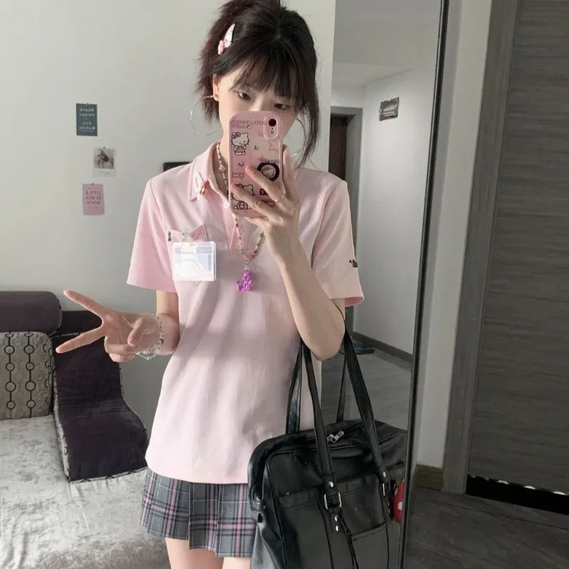 Deeptown Basic Embroidere T-Shirts Women Short Sleeve Polo Collar Japanese Style JK Tees Slim Preppy Solid Color Summer Youthful - Matrix-studios.com