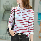 Flip collar striped t-shirt for women's spring and autumn new fashionable long sleeved polo shirt for women's pure cotton shirt - Matrix-studios.com