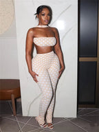 Weird Puss Hottie Polka Dot 2-Piece Set Women Halter Chest Wrapped Backless Top+Ruched Peach Hip Pants Stretch Skinny Clubwear - Matrix-studios.com