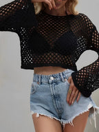Mesh Crochet Beach Shirt Women Solid Cover Up Ladies Long Sleeve Tops 2026 Sexy Beachwear Bathers Swim Bathing Suit - Matrix Studios