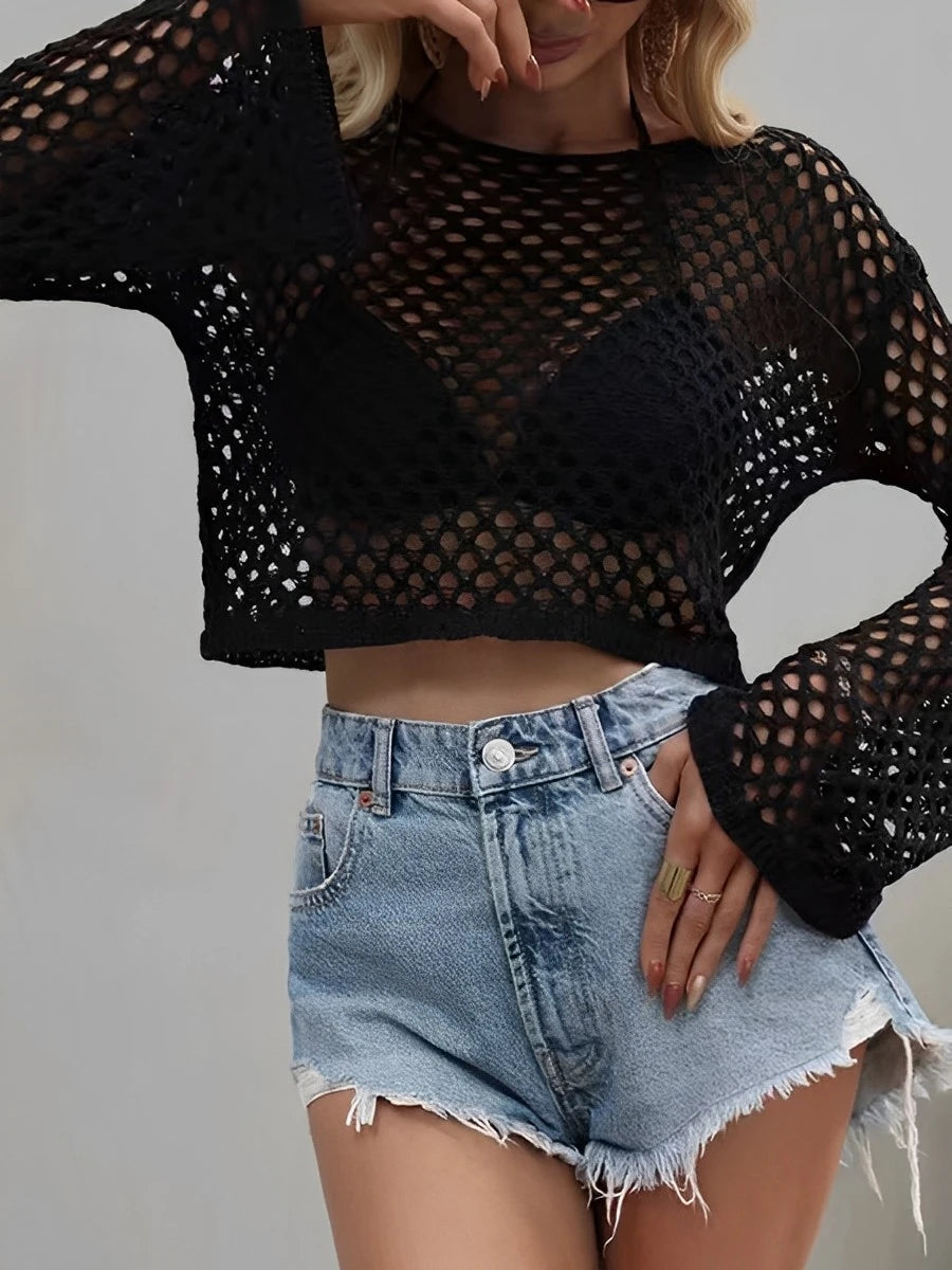Mesh Crochet Beach Shirt Women Solid Cover Up Ladies Long Sleeve Tops 2026 Sexy Beachwear Bathers Swim Bathing Suit - Matrix Studios