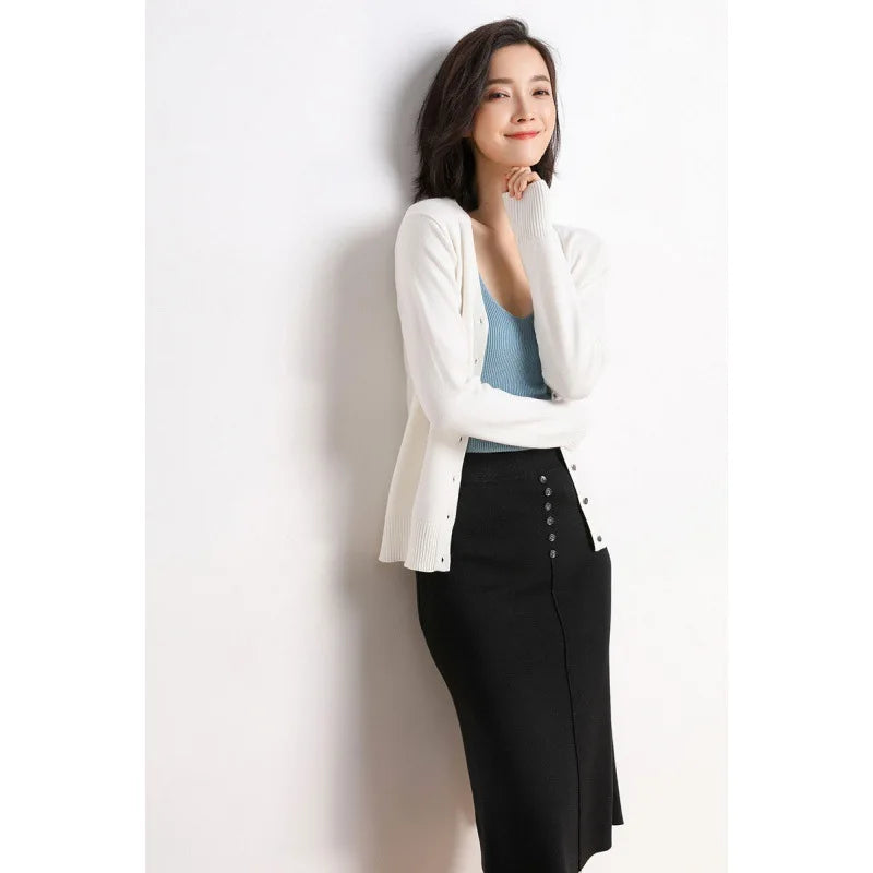 Cardigans Women 2025 Autumn Single Breasted V-neck Knitted Sweater Fashion Short Knitwear Solid Blue Green Pink Women's Jumpers - Matrix Studios