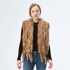 Women's Real Rabbit Fur Vest Knit Natural Leather Tassel Waistcoat Raccoon Fur Collar Winter Knitted Jacket Coat Wholesale - Matrix Studios
