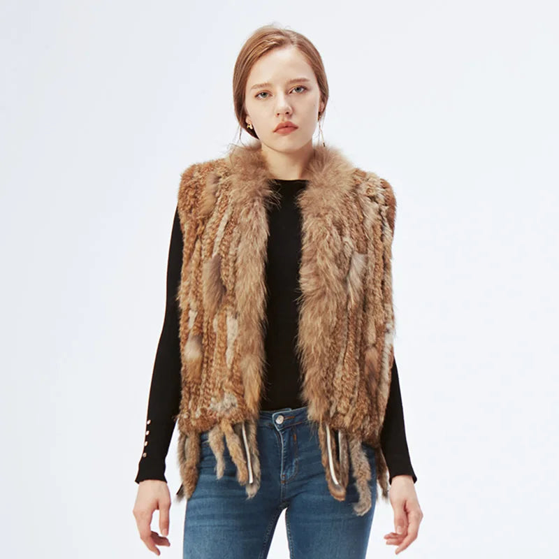 Women's Real Rabbit Fur Vest Knit Natural Leather Tassel Waistcoat Raccoon Fur Collar Winter Knitted Jacket Coat Wholesale - Matrix Studios
