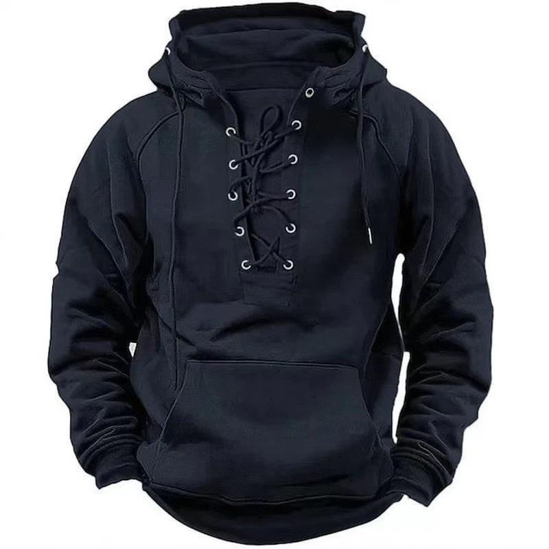 Autumn Fashion Mens Hooded Sweatshirts Lace-up Drawstring Long Sleeve Loose Hoodies Men Streetwear Vintage Solid Color Hoodies - Matrix Studios