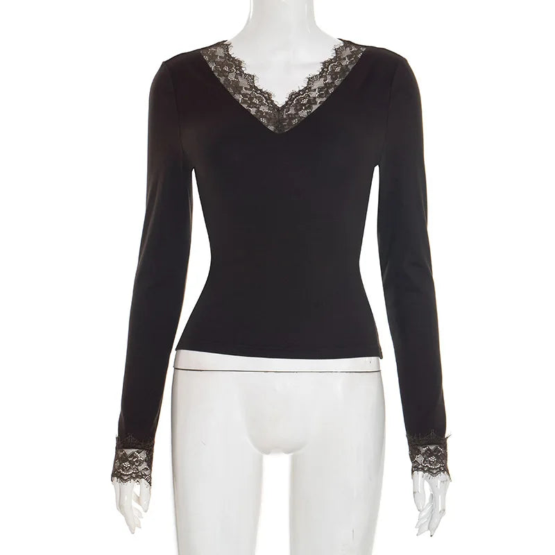 Tornova V neck Lace T shirt Top Women Sexy Navel Exposed Pullover Fashion Splice Hot Girl Club Party Top Autumn New Lady T shirt - Matrix-studios.com