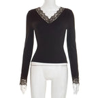 Tornova V neck Lace T shirt Top Women Sexy Navel Exposed Pullover Fashion Splice Hot Girl Club Party Top Autumn New Lady T shirt - Matrix-studios.com