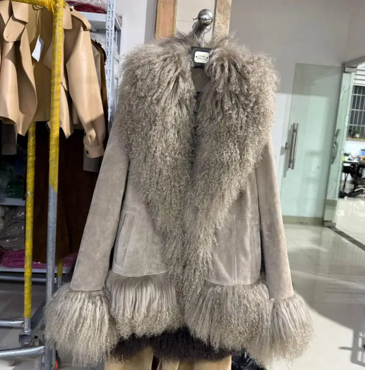 Sheep Collar Coats Women Winter Luxury Mongolian Fur Leather Jackets with Long Sleeve 7251 - Matrix Studios
