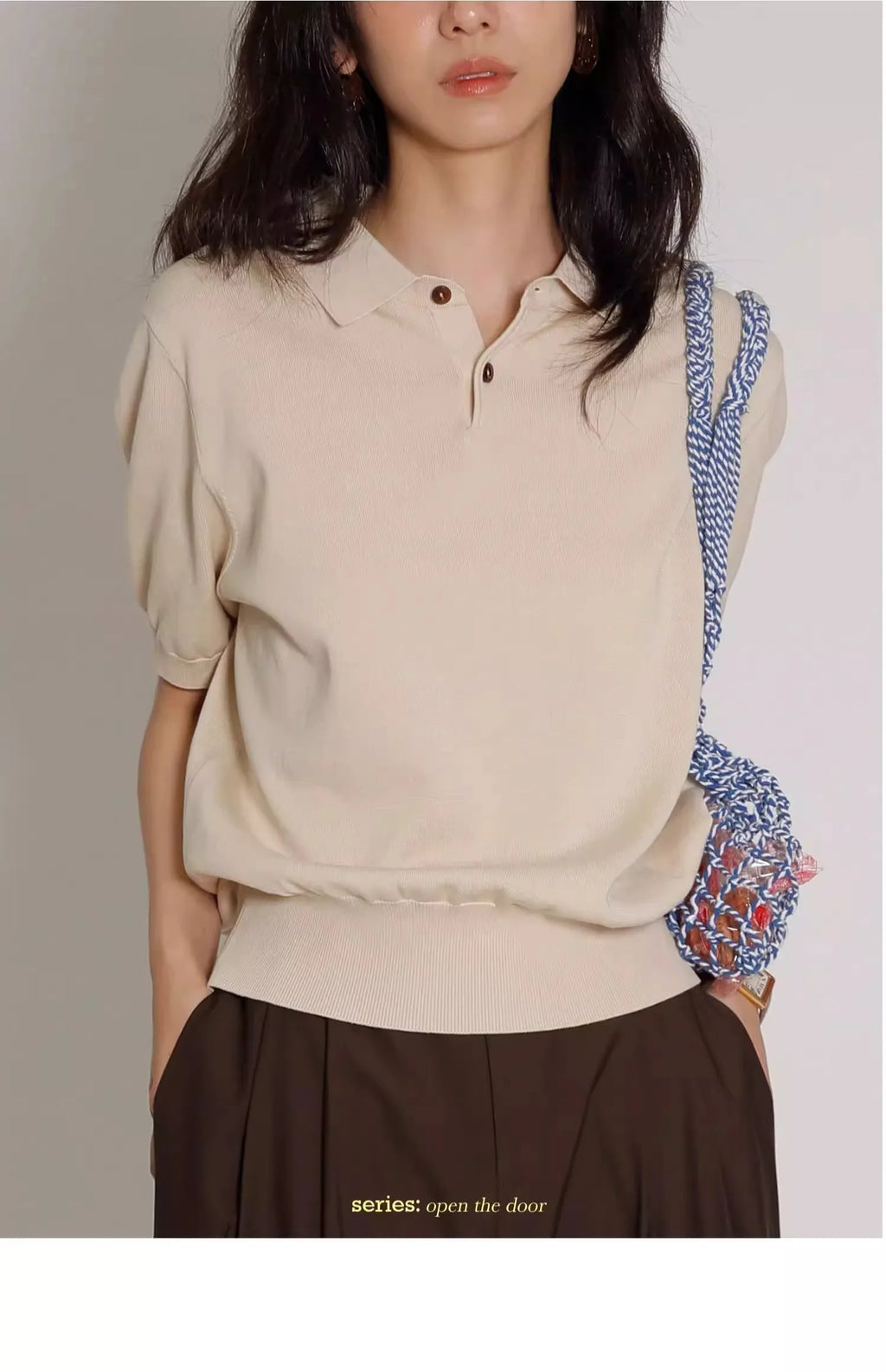Women's Blue Ice Silk Knitted Polo Shirt Short Sleeve French Lapel Top Thin Summer High-Grade Shoulder T-Shirt - Matrix-studios.com