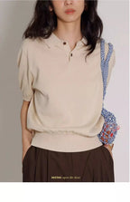Women's Blue Ice Silk Knitted Polo Shirt Short Sleeve French Lapel Top Thin Summer High-Grade Shoulder T-Shirt - Matrix-studios.com