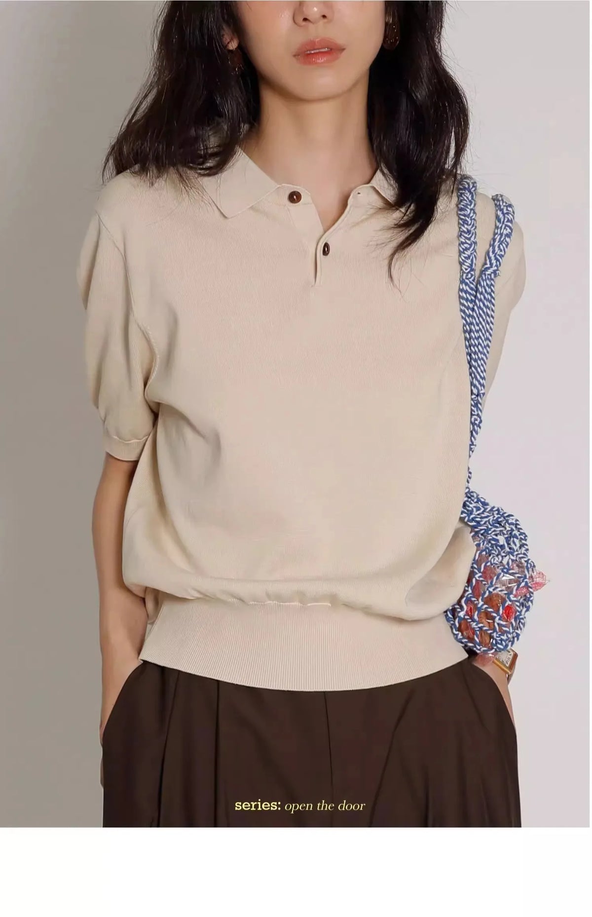 Women's Blue Ice Silk Knitted Polo Shirt Short Sleeve French Lapel Top Thin Summer High-Grade Shoulder T-Shirt - Matrix-studios.com