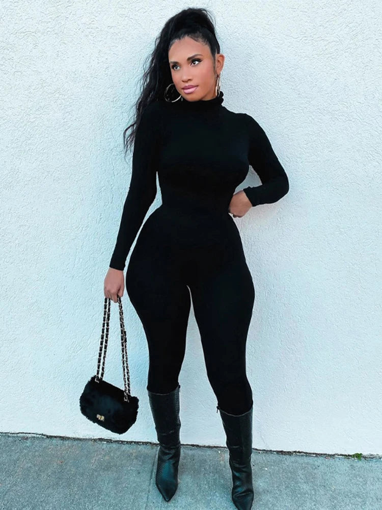 Hugcitar Fall Long Sleeve Solid Turtleneck Sexy Skinny Bodycon Jumpsuit Women Fashion Streetwear Sport Casual Romper Overalls - Matrix Studios
