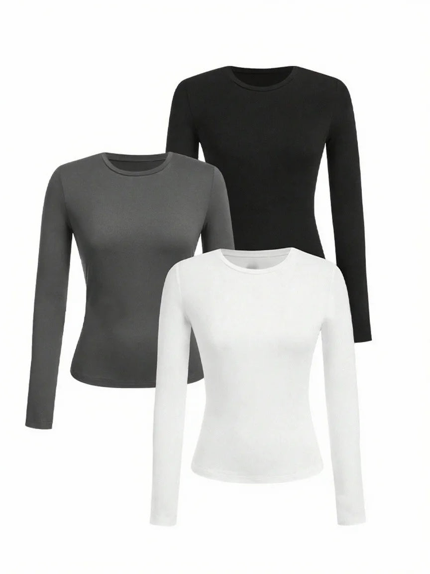 Women's solid-color long-sleeved T-shirt - Polyester knitted fabric, round neck, regular fit, fall-winter style - Matrix-studios.com