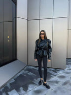 ETJ 2025 autumn new women's fashion belt imitation leather long sleeve short trench coat casual leather coat - Matrix Studios
