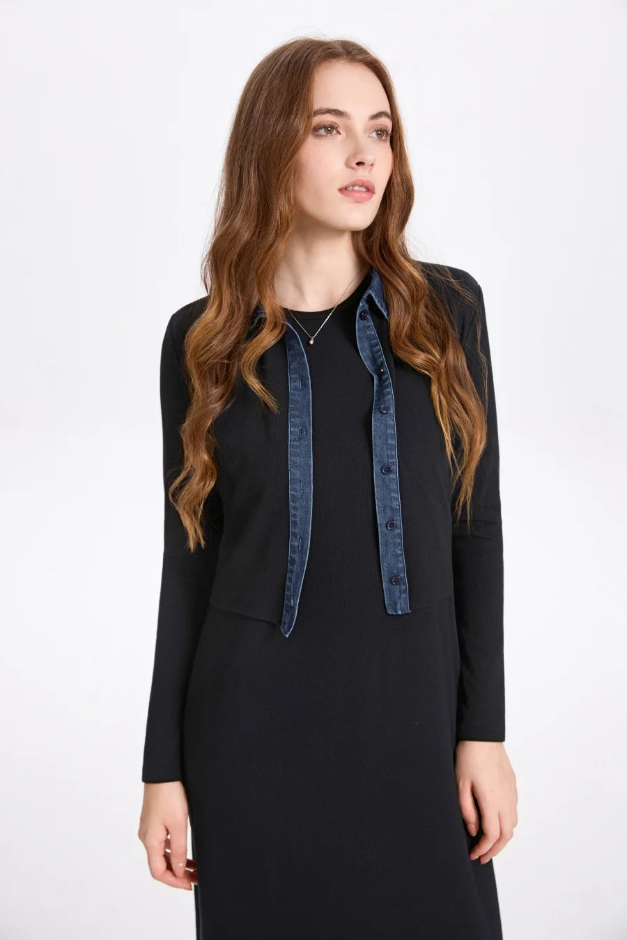 AS AW25 new design ribbing cardigan with denim collar + sleeveless maxi dress matching set for woman clothes - Matrix-studios.com