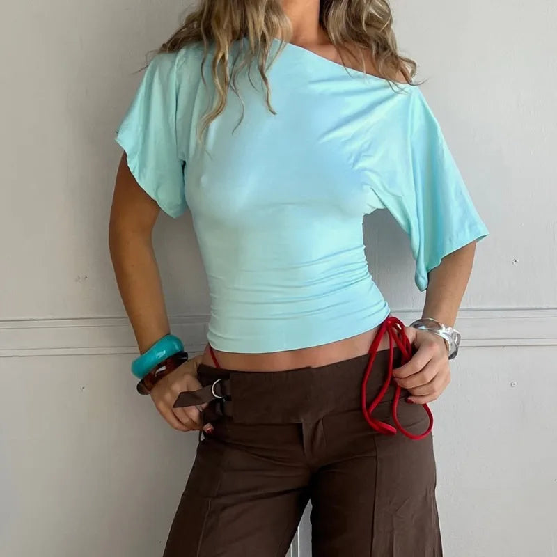 Talenza Summer One Shoulder Tops Fashion Slim Shrink Short Sleeve T-Shirts Sexy Party Y2k Streetwear Solid Pullover Tops Women - Matrix-studios.com