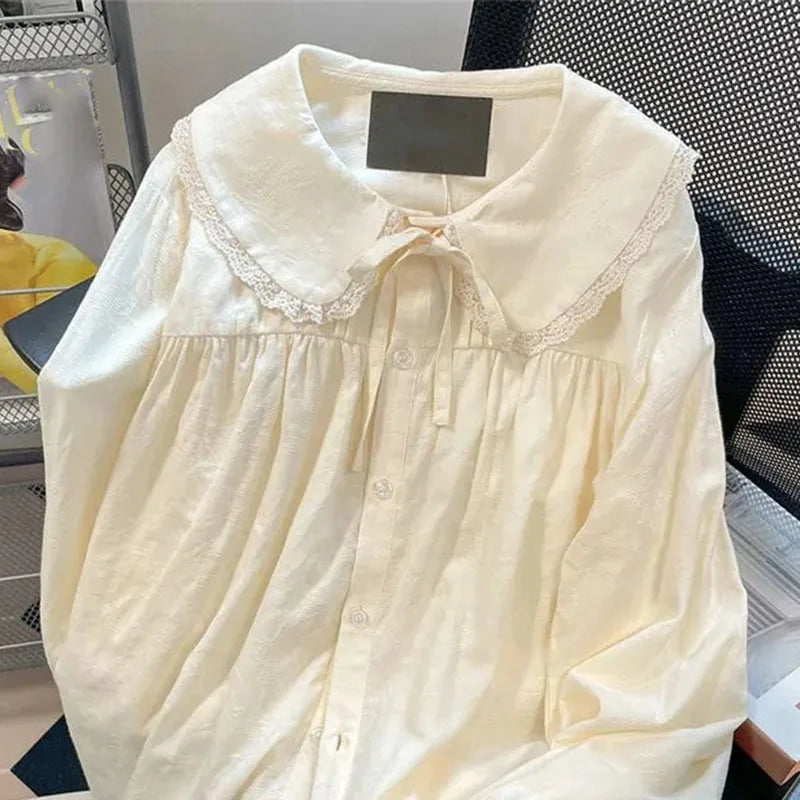 Japanese Style Cute Peter Pan Collar Shirt Women Sweet Lace Spliced Long Sleeved Blouses Woman All-Match Loose Buttons Shirts - Matrix-studios.com