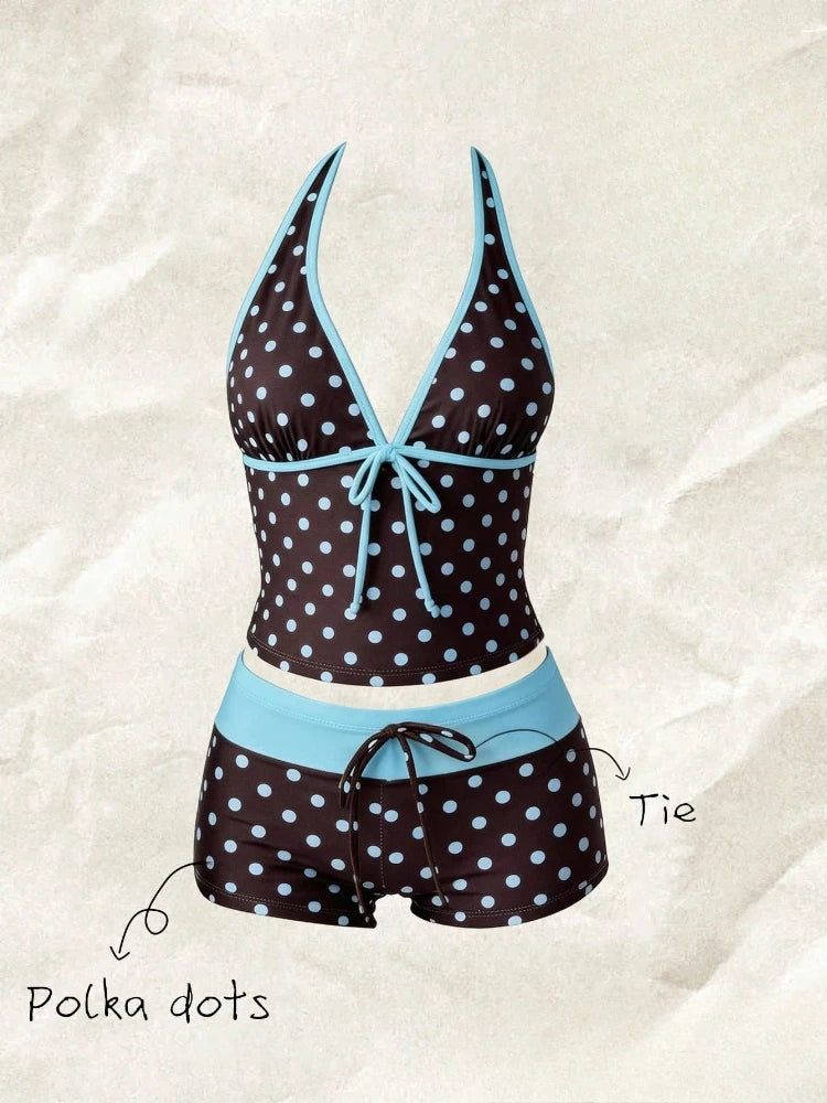 Women Swimwears Polka Dot 2-Piece Tankini Set Halter V Neck Front Tie Cami Top & Contrast Waistband Drawstring Swim Shorts - Matrix-studios.com