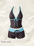 Women Swimwears Polka Dot 2-Piece Tankini Set Halter V Neck Front Tie Cami Top & Contrast Waistband Drawstring Swim Shorts - Matrix-studios.com