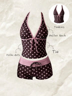 Kawaii Pink Dot Bikini Shorts Bowknot Halter Backless Swimsuit Deep V Swimwear Women's Bikinis and Tankinis Vacation Outfit Sets - Matrix-studios.com