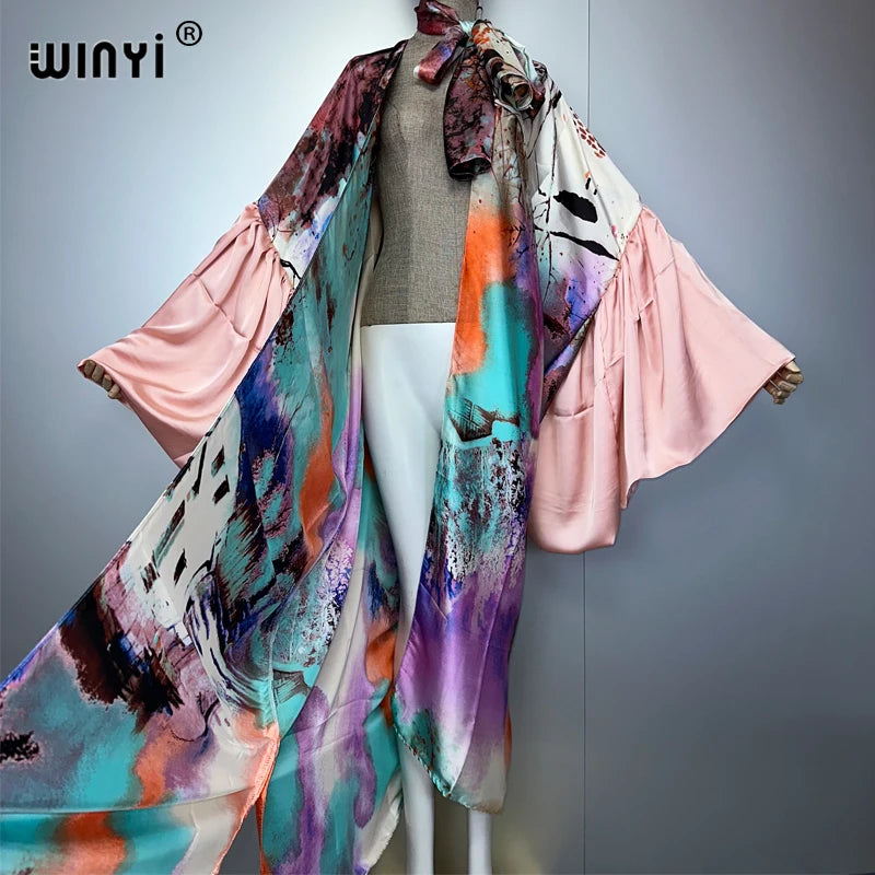 WINYI Summer Kimono Party Dress Beach Wear Swim Suit Cover Up Africa Women Loose Puff(ed) Sleeves Cardigan Boho Holiday Kaftan - Matrix Studios