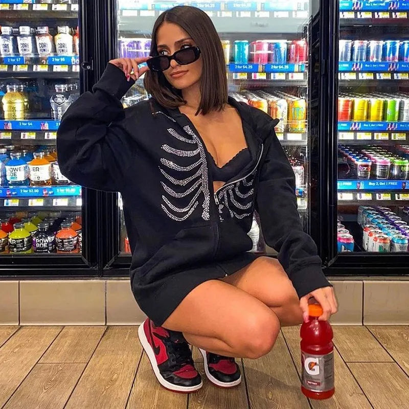 Y2K Rhinestone Skeleton Hoodies Women Gothic Black Zip Up Oversized Sweatshirts Female Retro Harajuku Hooded Jacket Streetwear - Matrix Studios