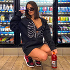 Y2K Rhinestone Skeleton Hoodies Women Gothic Black Zip Up Oversized Sweatshirts Female Retro Harajuku Hooded Jacket Streetwear - Matrix Studios