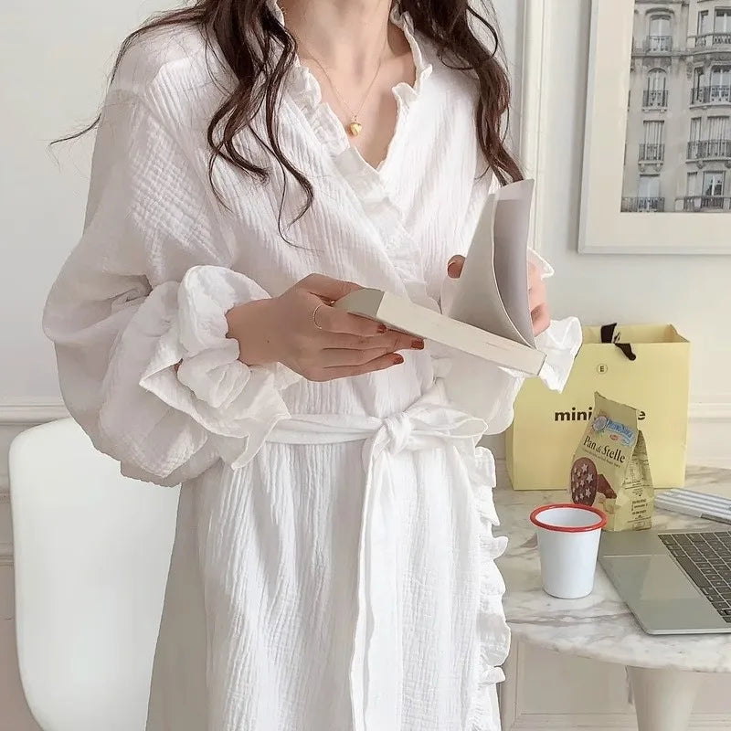 Women's Spring and Summer New Simple Long-Sleeved Robe Girls Sweet Ins Wind Ruffled Thin Section of Solid Color Pajamas Home Wea - Matrix-studios.com