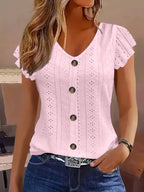2025 Women's Sexy Tops Casual Solid Color V Neck Short Sleeve Shirts Summer Women's Button Casual Ladies Loose Fashion Blouses - Matrix-studios.com