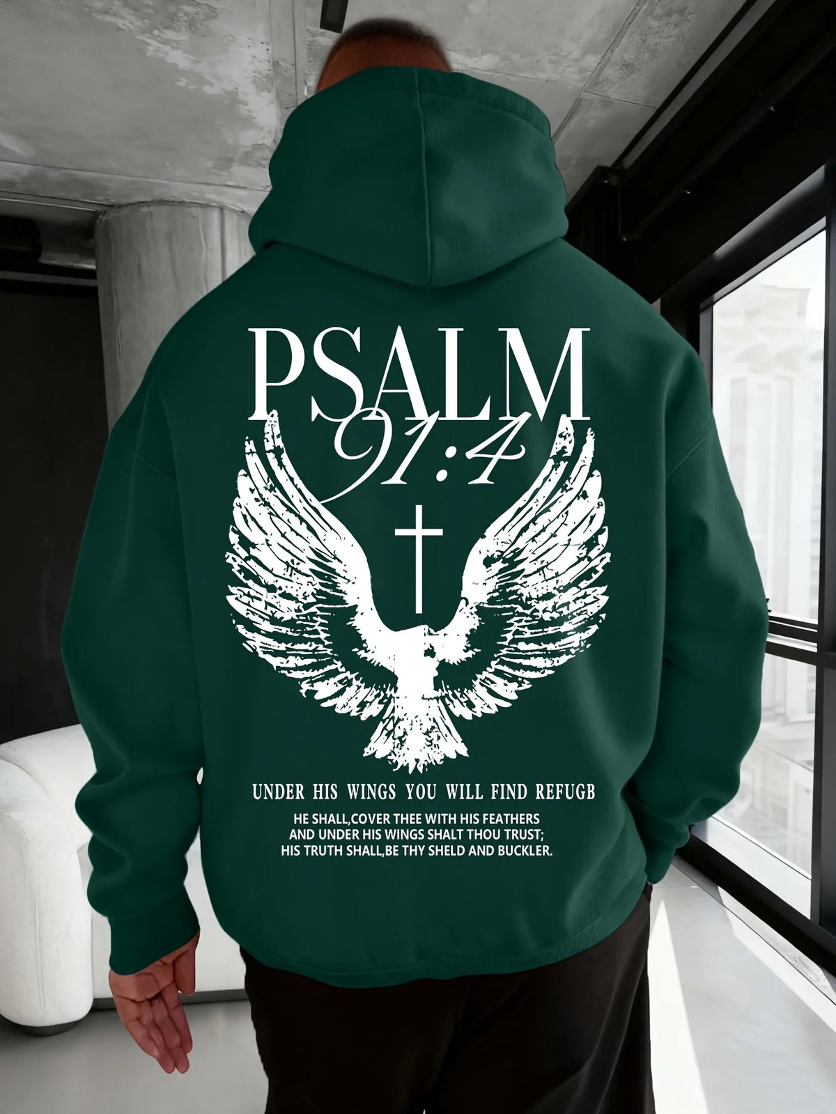 Christian Bible Verse Psalm 91:4 Print Men Women Hooded Sweatshirt Autumn Winter Outdoor Vacation Casual Loose Warm Sportswear - Matrix Studios